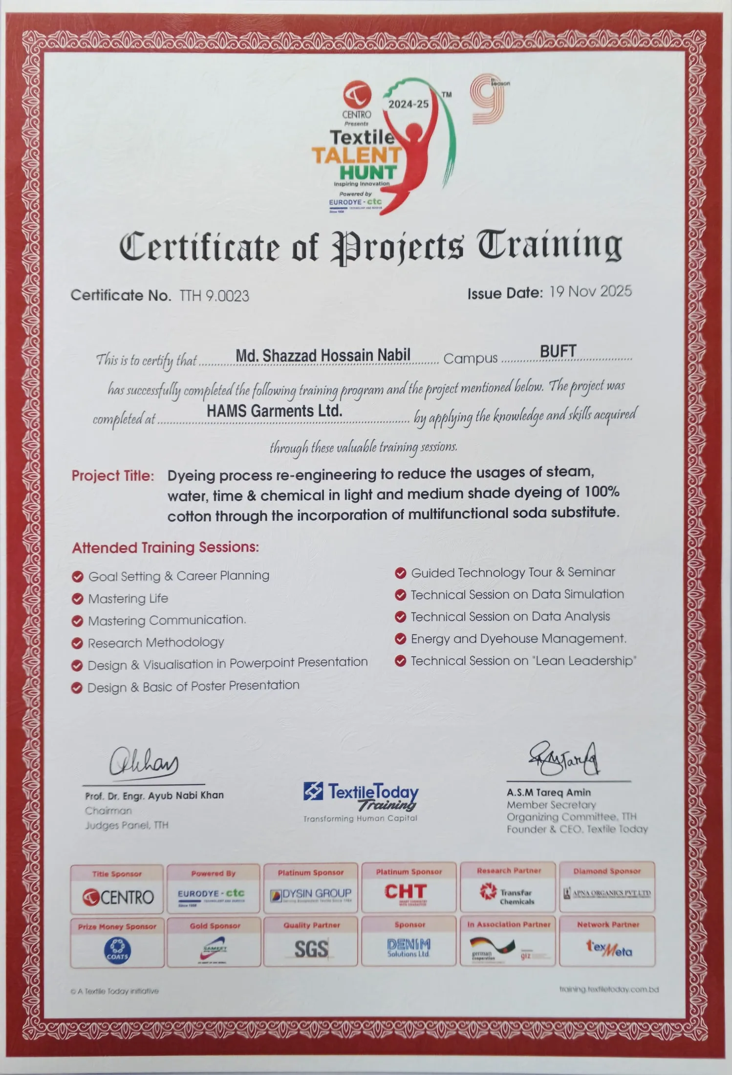 Certificate of project research training at HAMS Garments during Textile Talent Hunt, Season 9.0